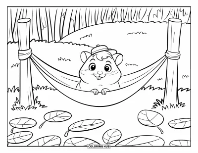 Desenho de Hamster para Colorir para Crianças: Um hamster com um chapéu minúsculo relaxa em uma rede cercada por grandes folhas laranjas