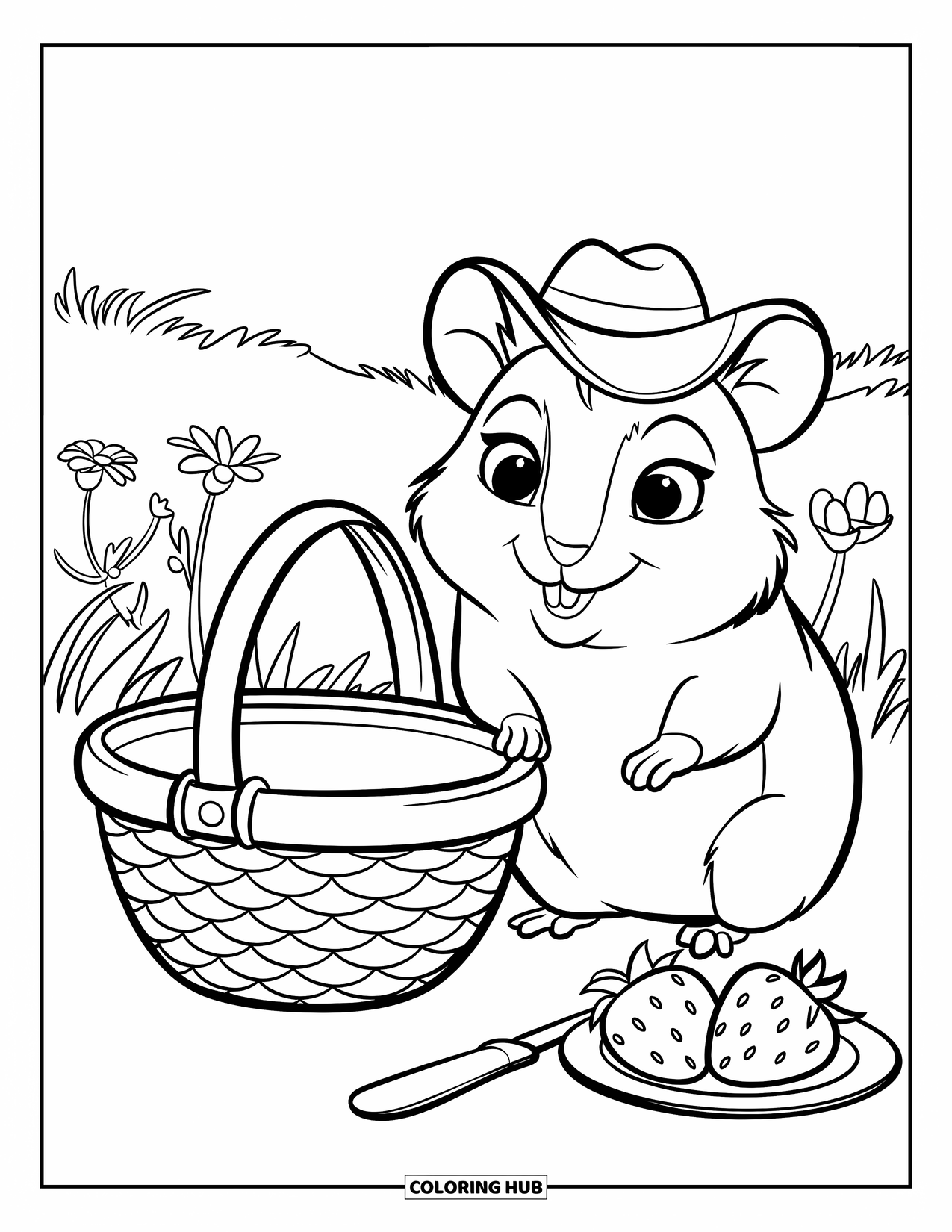 Hamster Coloring Page for Kids: A hamster in a tiny hat sits by a picnic basket with strawberries and a knife, in a lush field