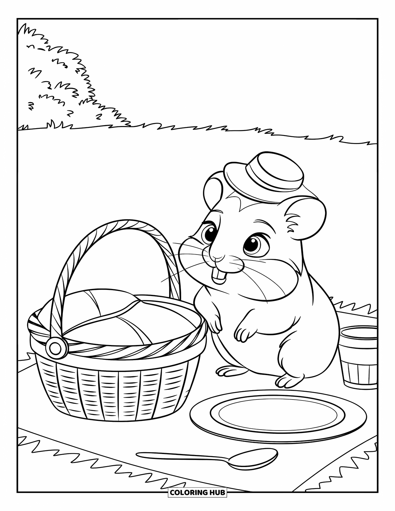 Hamster Coloring Page for Kids: A hamster in a tiny hat sits next to a picnic basket with plate and cup, in a field