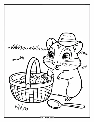 Desenho de Hamster para Colorir para Crianças: Um hamster com um chapéu minúsculo está sentado ao lado de uma cesta de piquenique com morangos em um campo gramado
