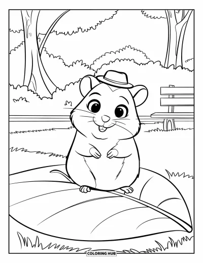 Desenho de Hamster para Colorir para Crianças: Um hamster com um chapéu minúsculo está sentado em uma folha grande em um parque