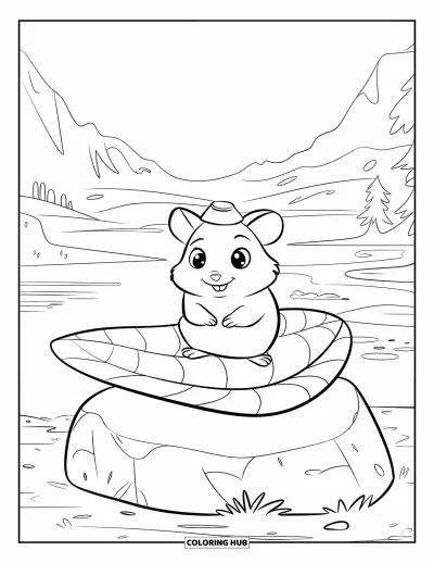 Desenho de Hamster para Colorir para Crianças: Um hamster com um chapéu minúsculo está sentado em uma folha grande colocada sobre uma pedra