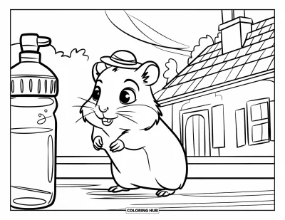Desenho de Hamster para Colorir para Crianças: Um hamster com um chapéu minúsculo está perto de uma garrafa de água