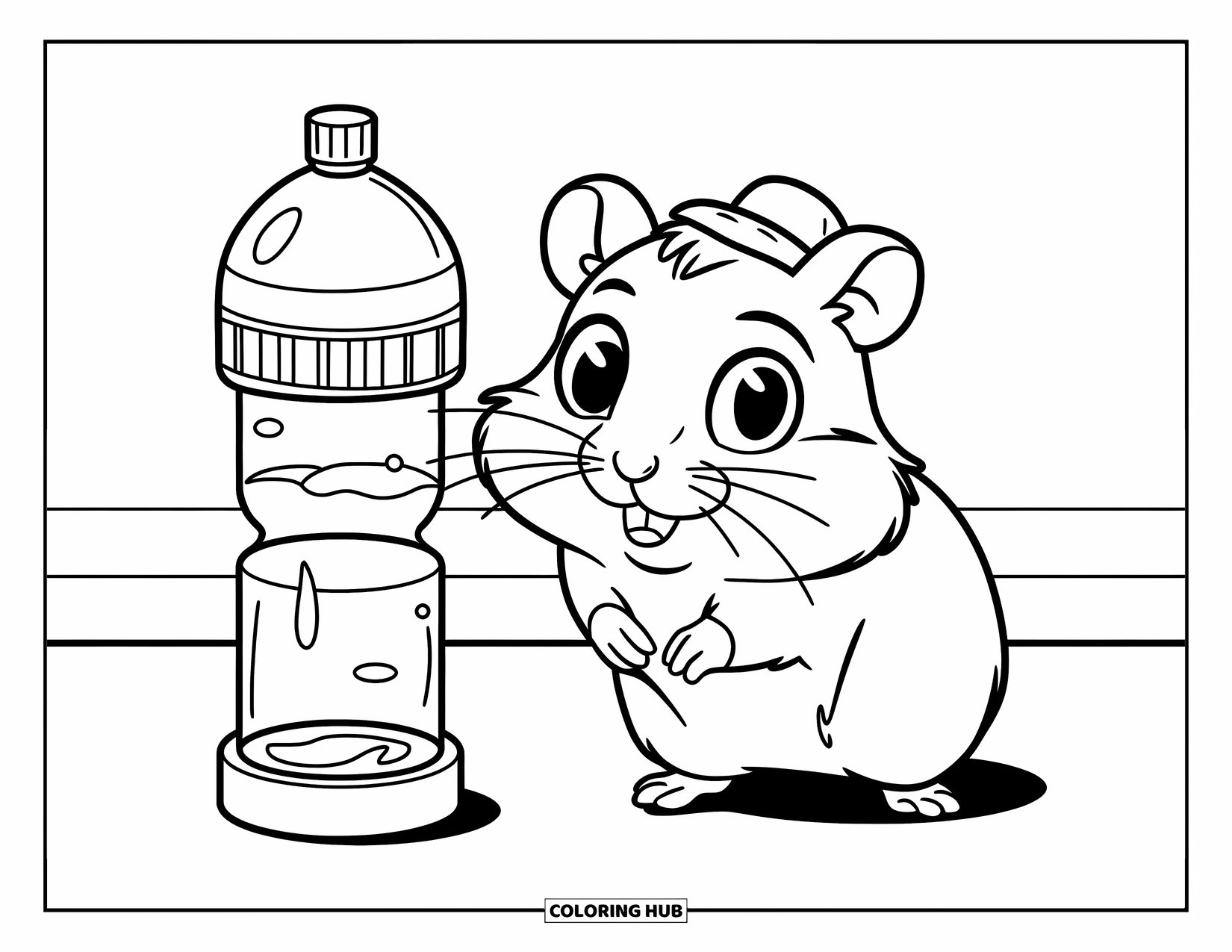 Hamster Coloring Page for Kids: A hamster in a tiny hat stands near a water bottle, placed on a small stand