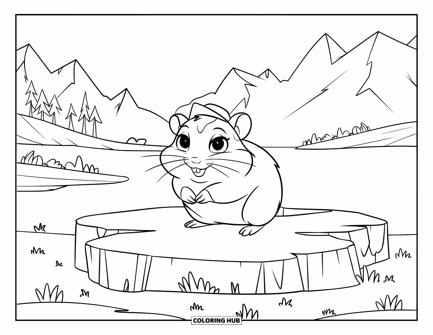 Hamster Coloring Page for Kids: A hamster in a tiny hat stands on a flat rock surrounded by grass, with mountains behind