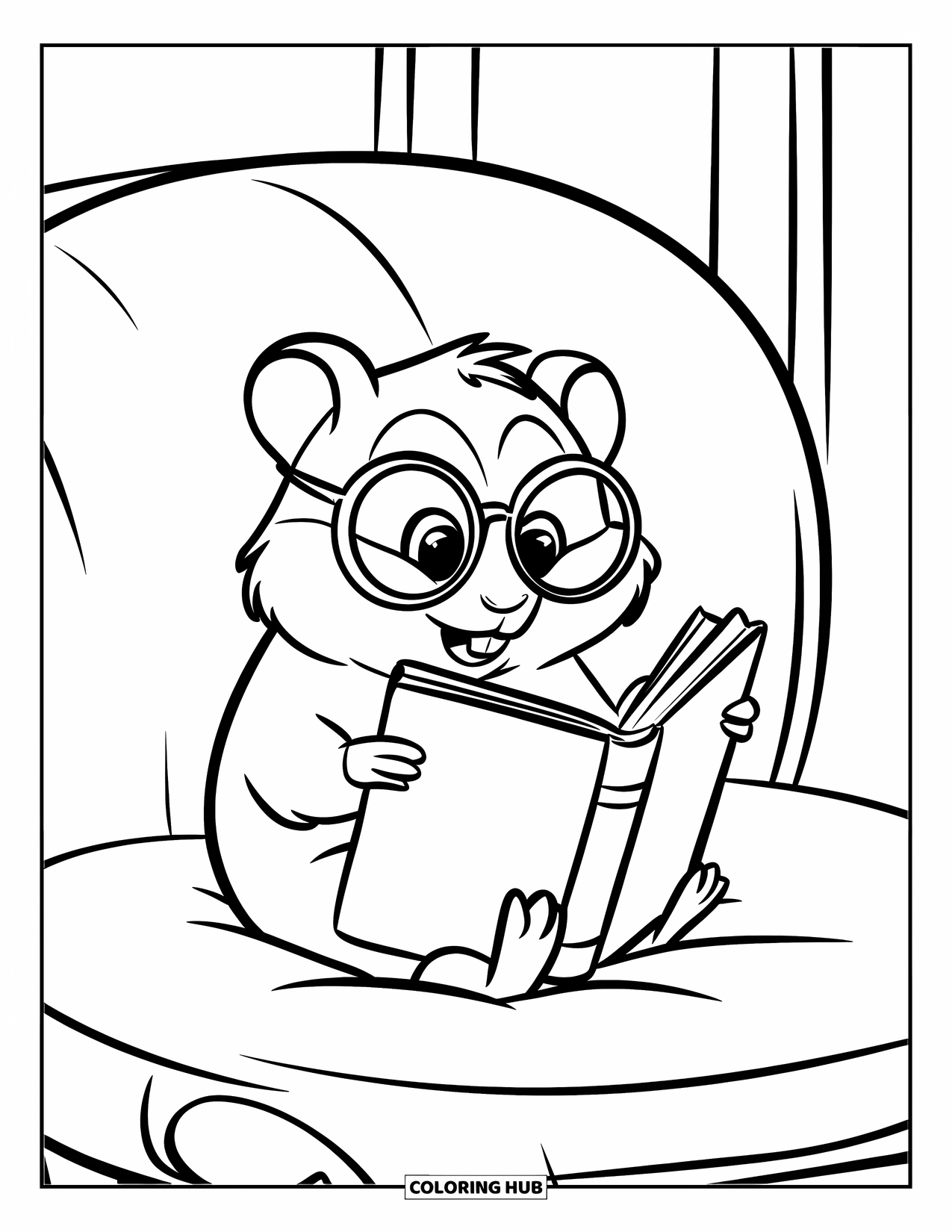 Hamster Coloring Page for Kids: A hamster in glasses sits on a cushion reading a book