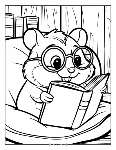 Desenho de Hamster para Colorir para Crianças: Um hamster de óculos redondos está sentado em uma almofada lendo um livro com um fundo de madeira