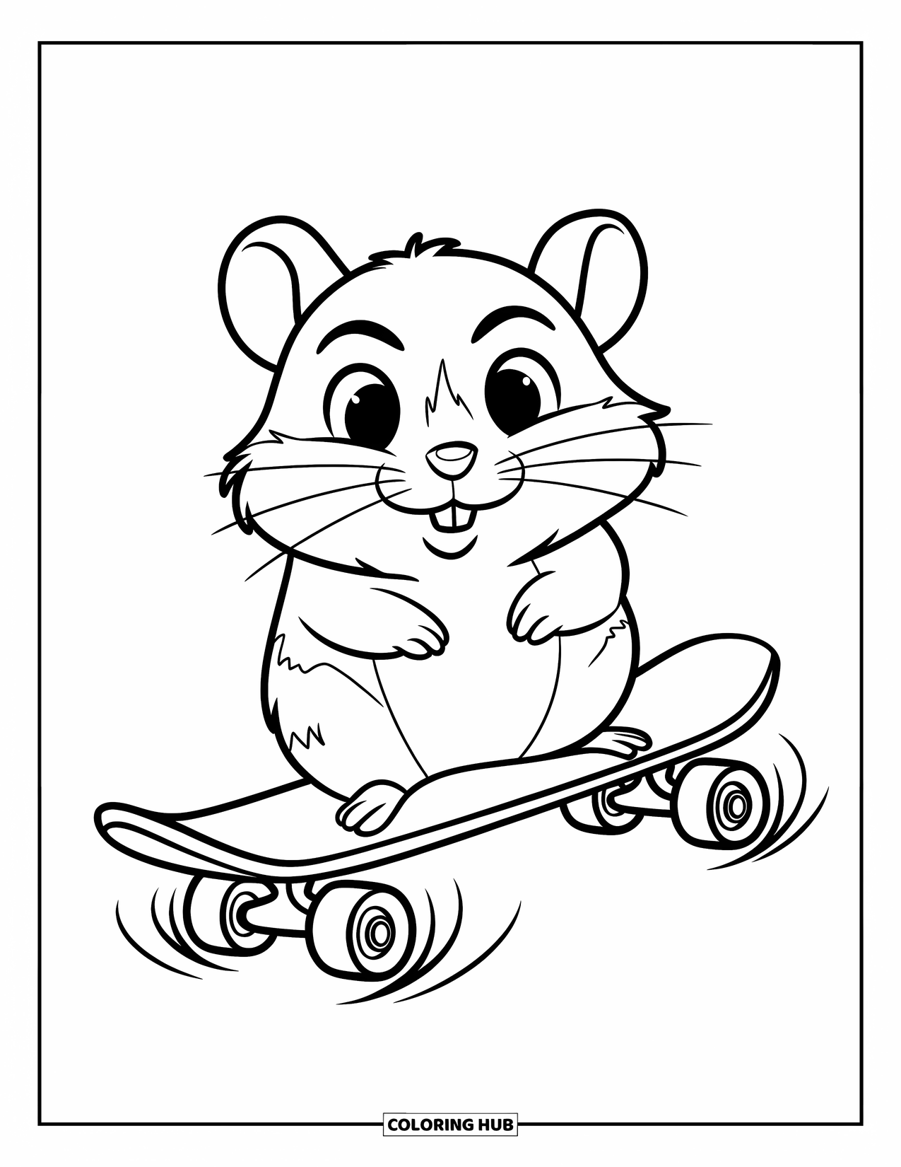 Hamster Coloring Page for Kids: A hamster on a skateboard with motion lines and bold outlines