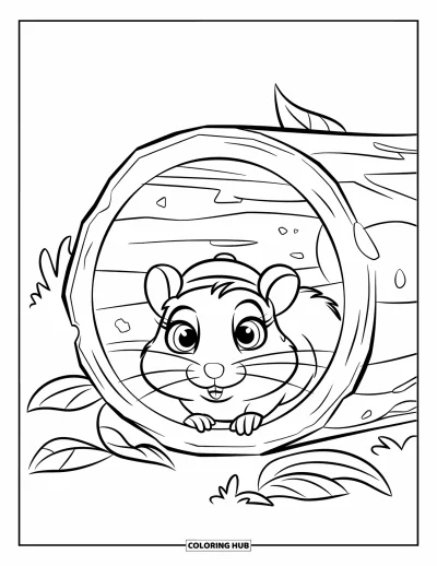 Desenho de Hamster para Colorir para Crianças: Um hamster espreita por trás de um tronco oco, com olhos grandes e folhas ao redor