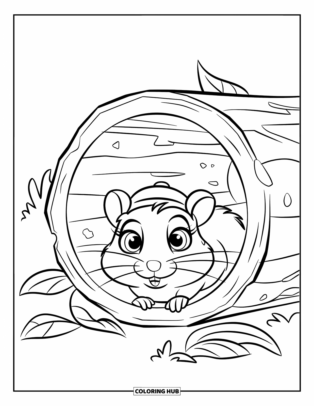 Hamster Coloring Page for Kids: A hamster peeks from behind a hollow log, with large eyes and leaves around it