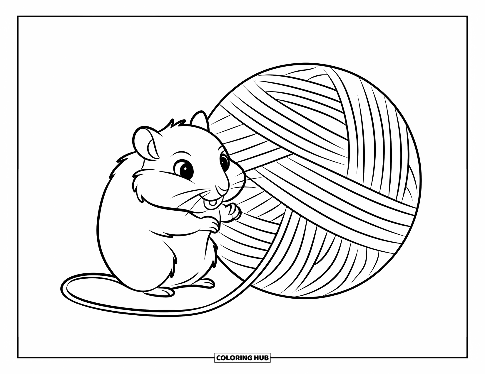 Hamster Coloring Page for Kids: A hamster plays with a large ball of yarn, with bold outlines and no background detail