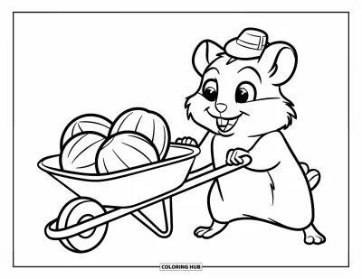 Desenho de Hamster para Colorir para Crianças: Um hamster empurra um carrinho de mão com três nozes grandes