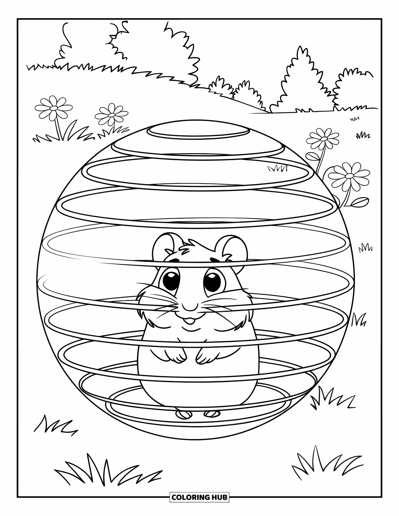 Hamster Coloring Page for Kids: A hamster sits in an exercise ball on a grassy field with flowers