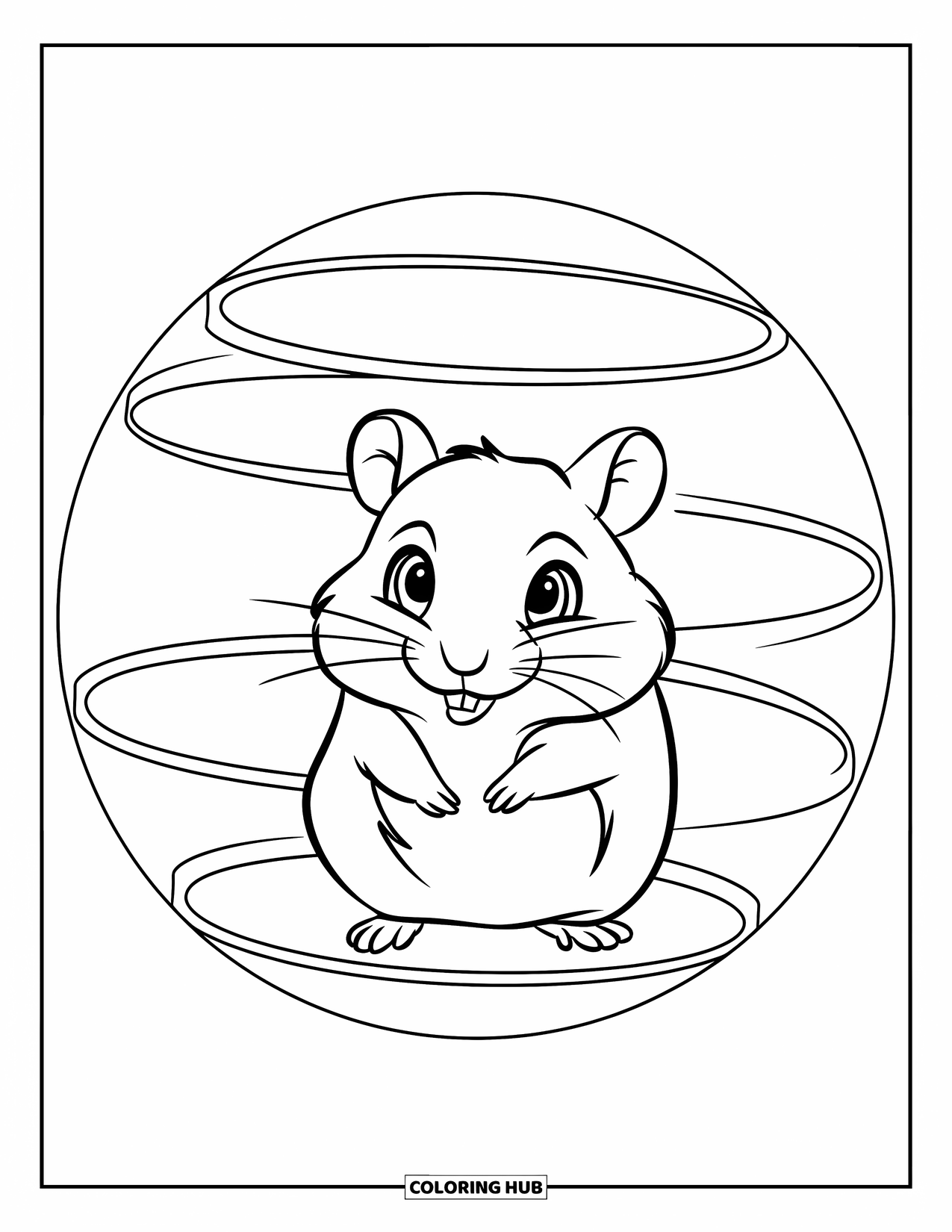 Hamster Coloring Page for Kids: A hamster sits inside a simple exercise ball with large expressive eyes