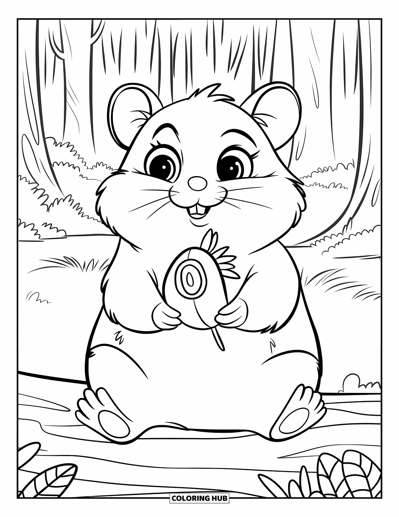 Hamster Coloring Page for Kids: A hamster sits upright holding a sunflower seed on a log in a forest
