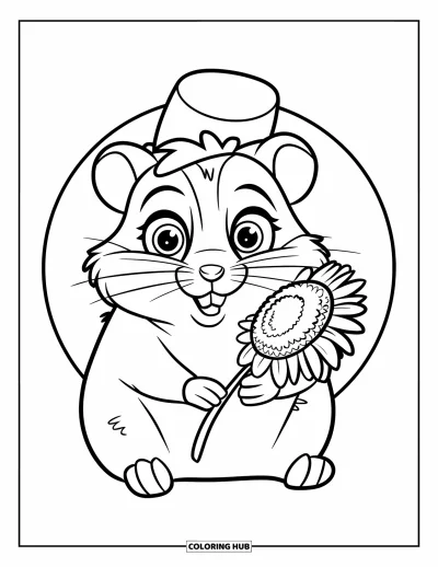 Desenho de Hamster para Colorir para Crianças: Um hamster está sentado segurando uma semente de girassol, usando um chapéu com um design simples