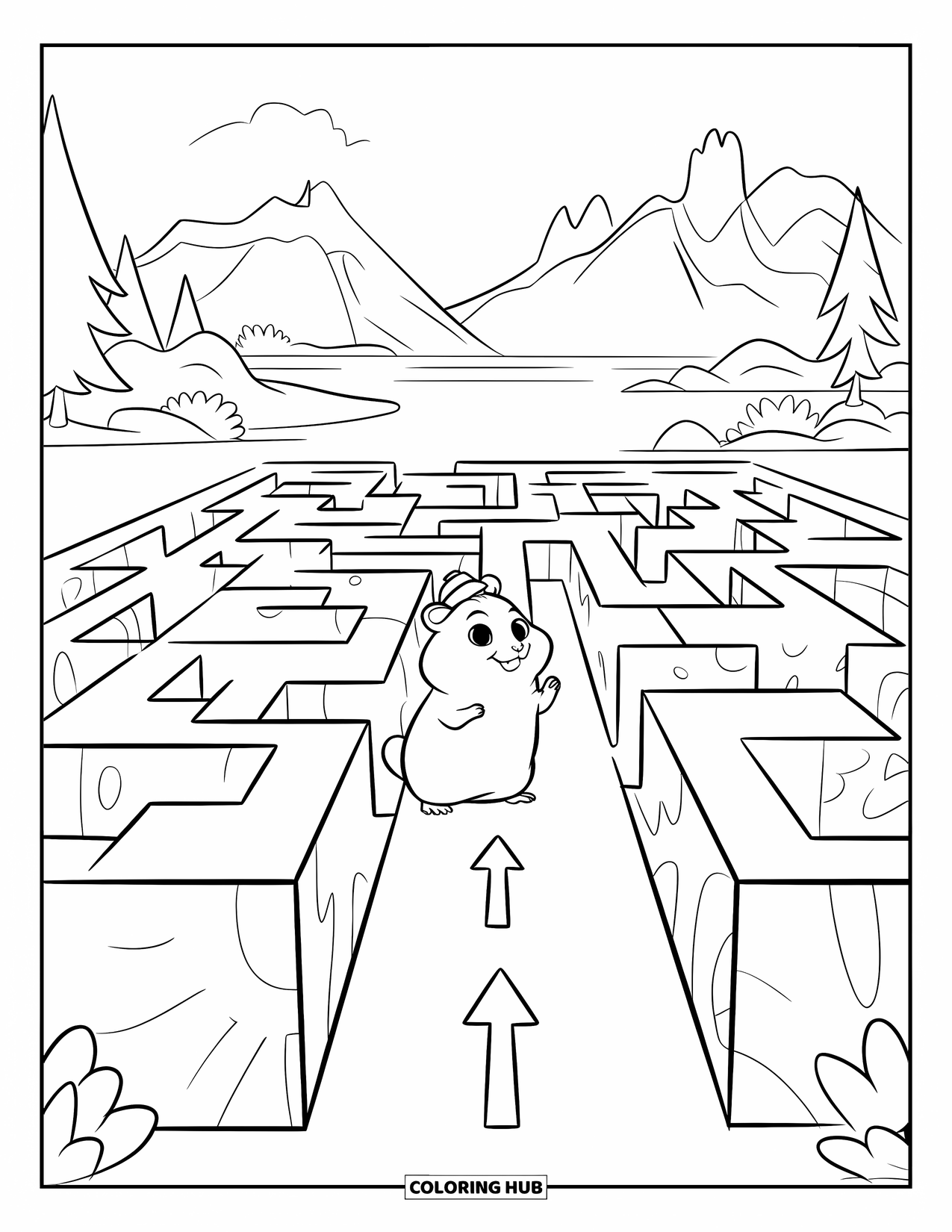Hamster Coloring Page for Kids: A hamster stands on a maze path with arrows, with textured walls and a tiny hat