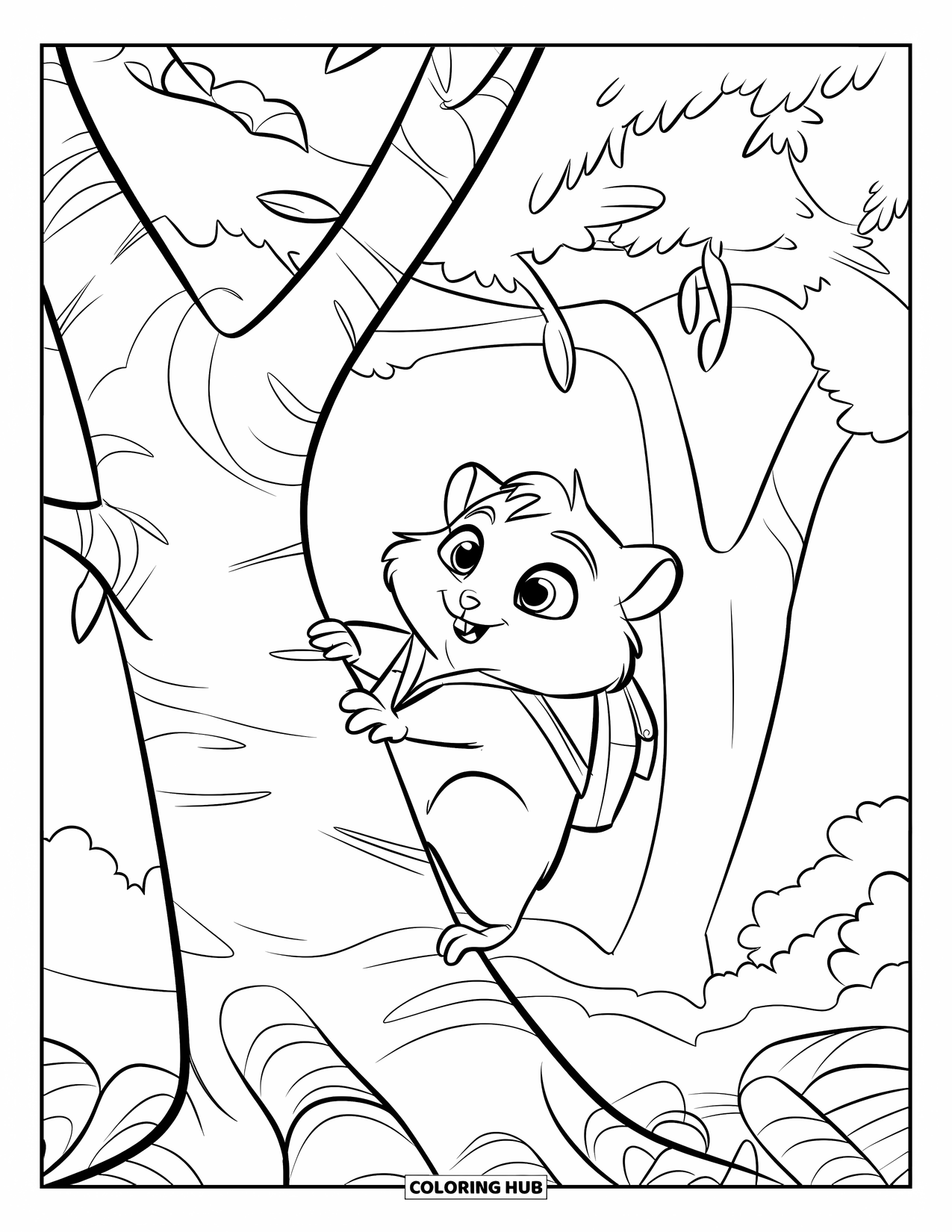 Hamster Coloring Page for Kids: A hamster with a backpack climbs a tree trunk with leaves and branches in a green forest