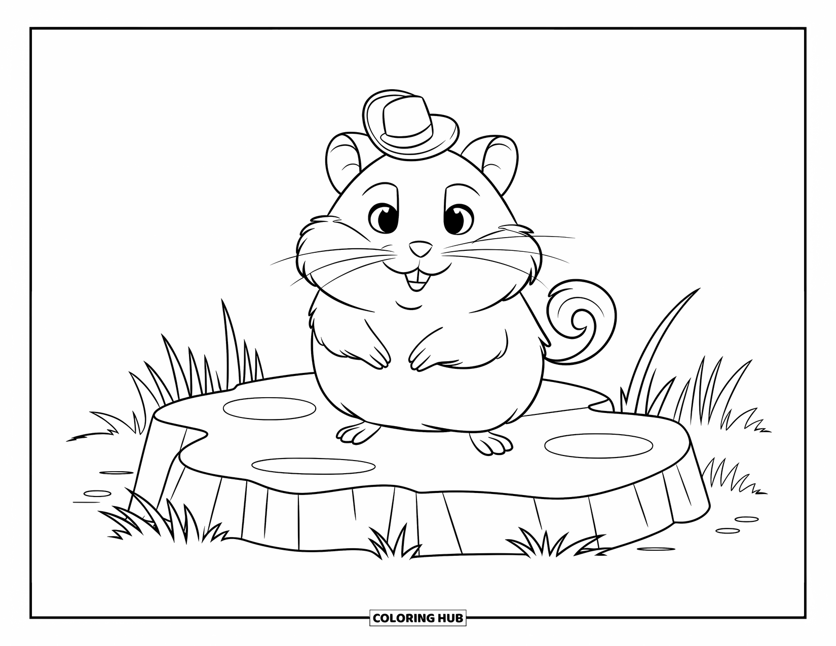 Hamster Coloring Page for Kids: A hamster with a curled tail and a tiny hat stands on a rock in a grassy field