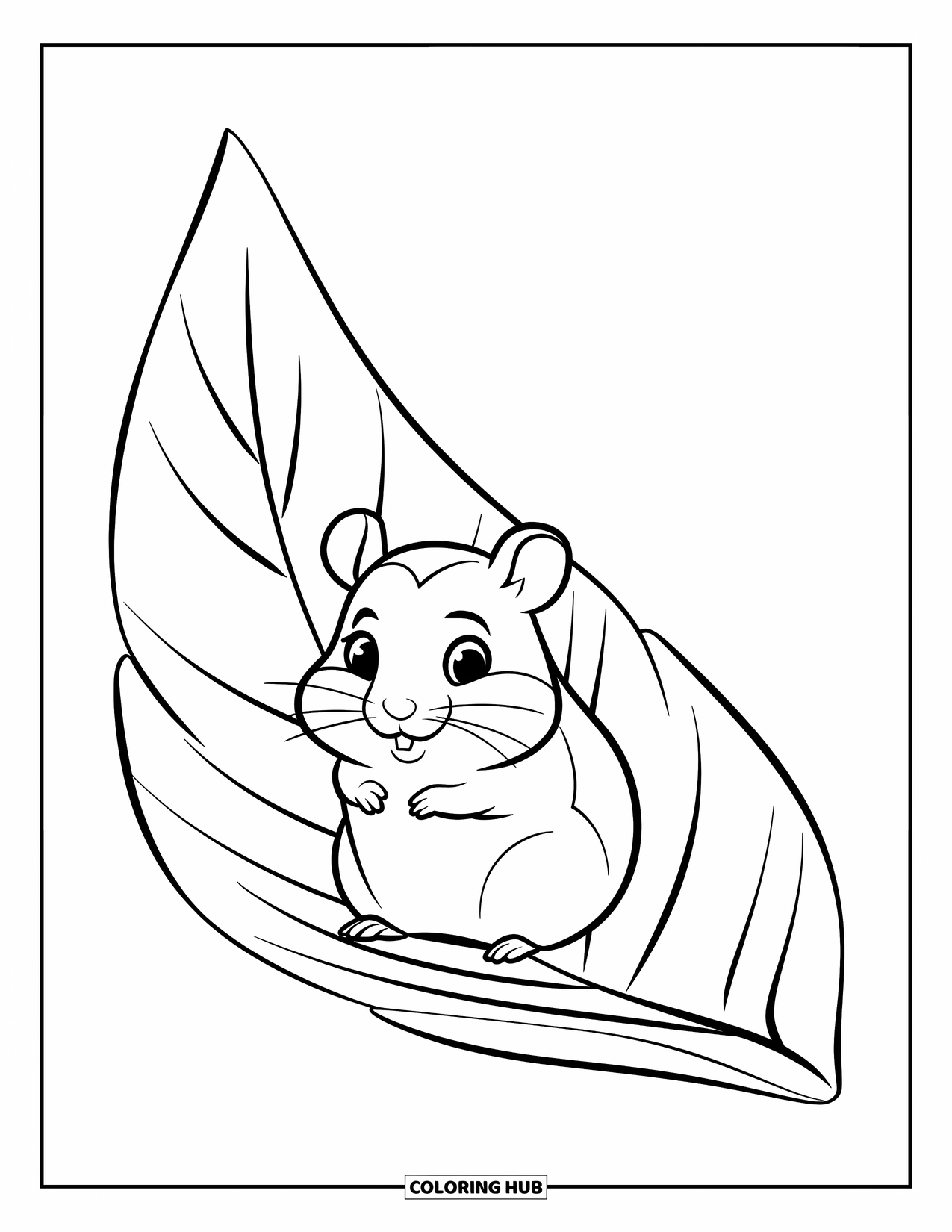 Hamster Coloring Page for Kids: A hamster with a round body sits on a large leaf