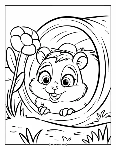 Desenho de Hamster para Colorir para Crianças: Um hamster com olhos expressivos e um chapéu minúsculo espreita para fora de uma toca, com uma flor por perto