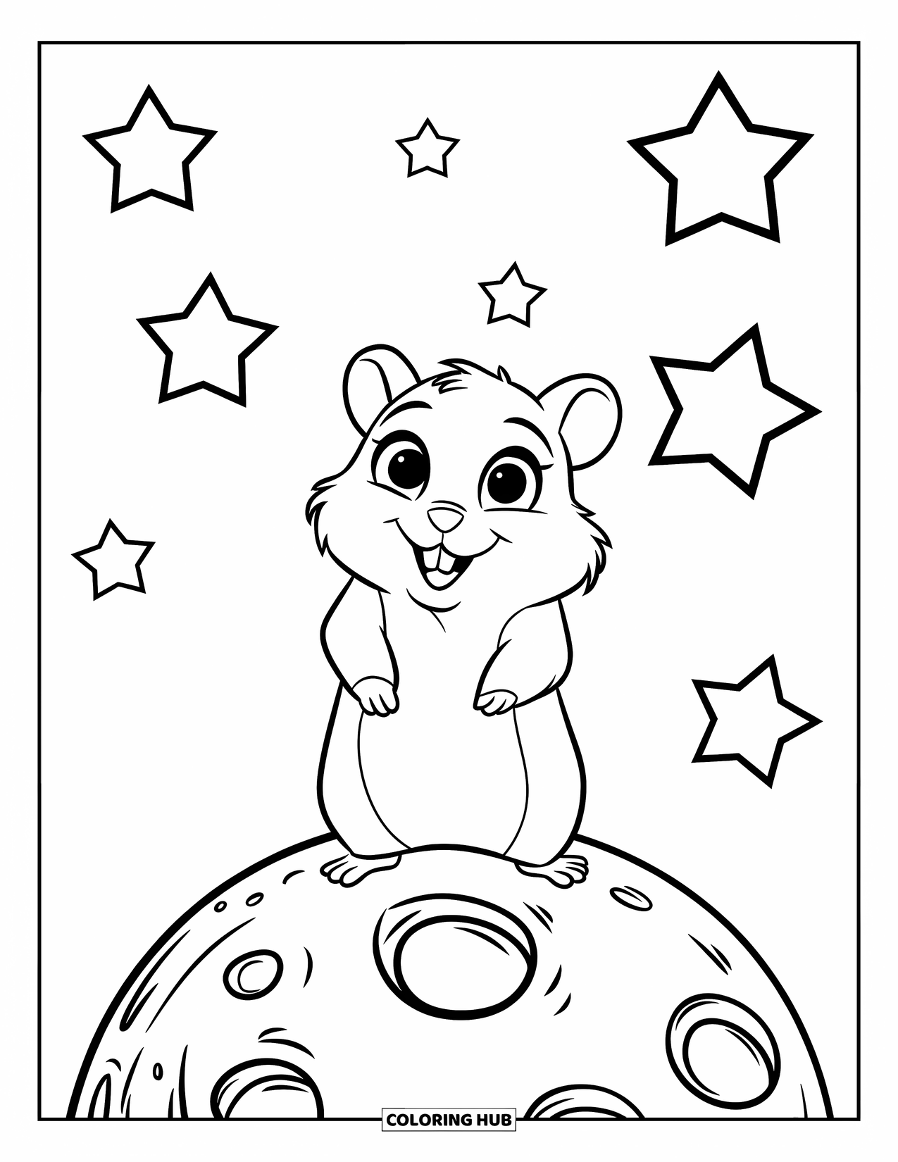 Hamster Coloring Page for Kids: A hamster with outstretched arms stands on a moon, surrounded by bold stars