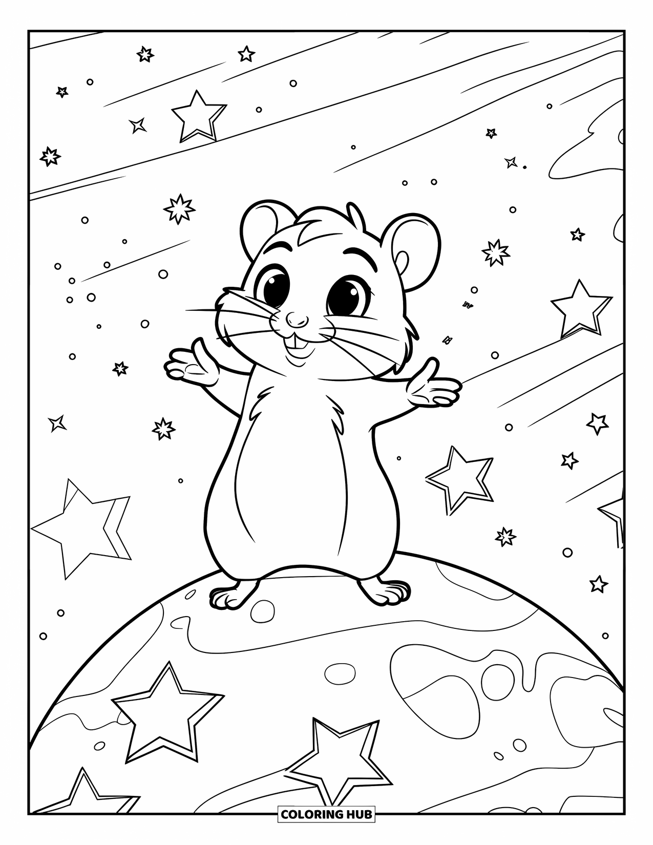 Hamster Coloring Page for Kids: A hamster with outstretched arms stands on a planet, surrounded by bold stars