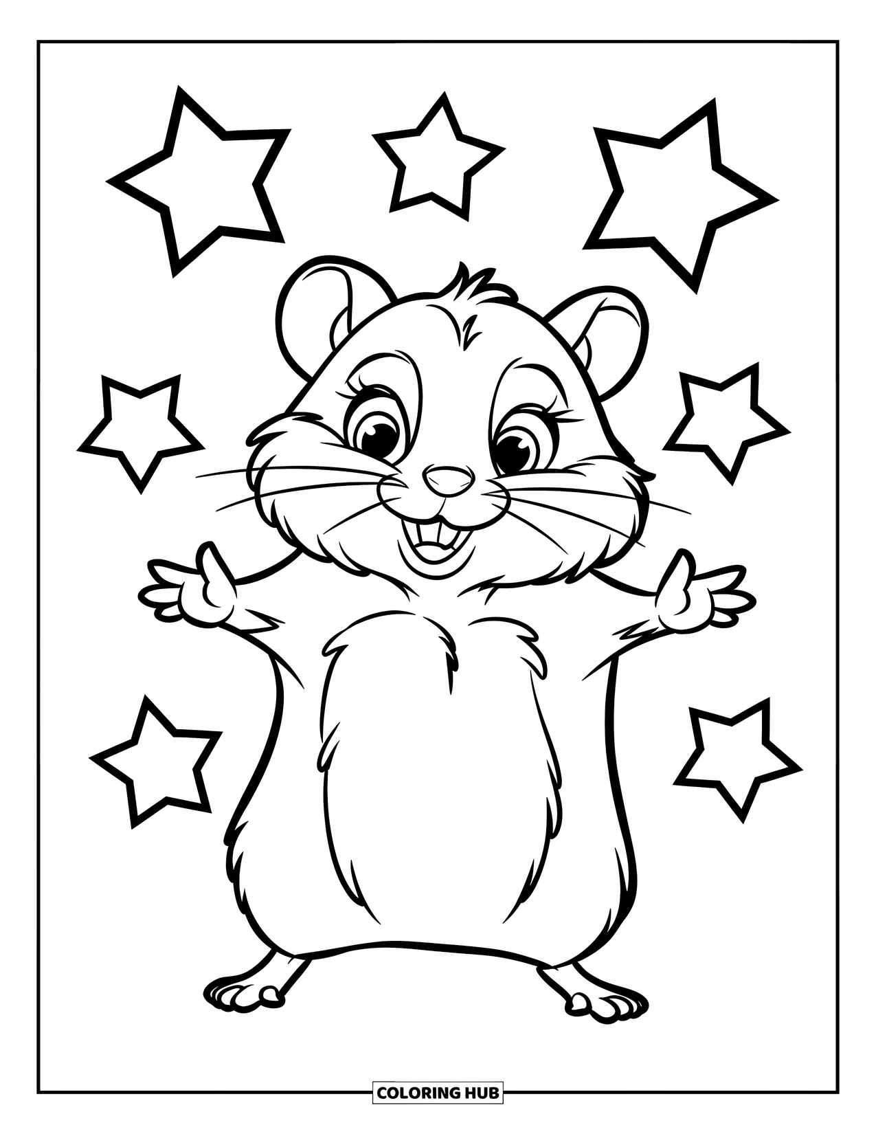 Hamster Coloring Page for Kids: A hamster with outstretched arms stands on its hind legs, surrounded by bold stars