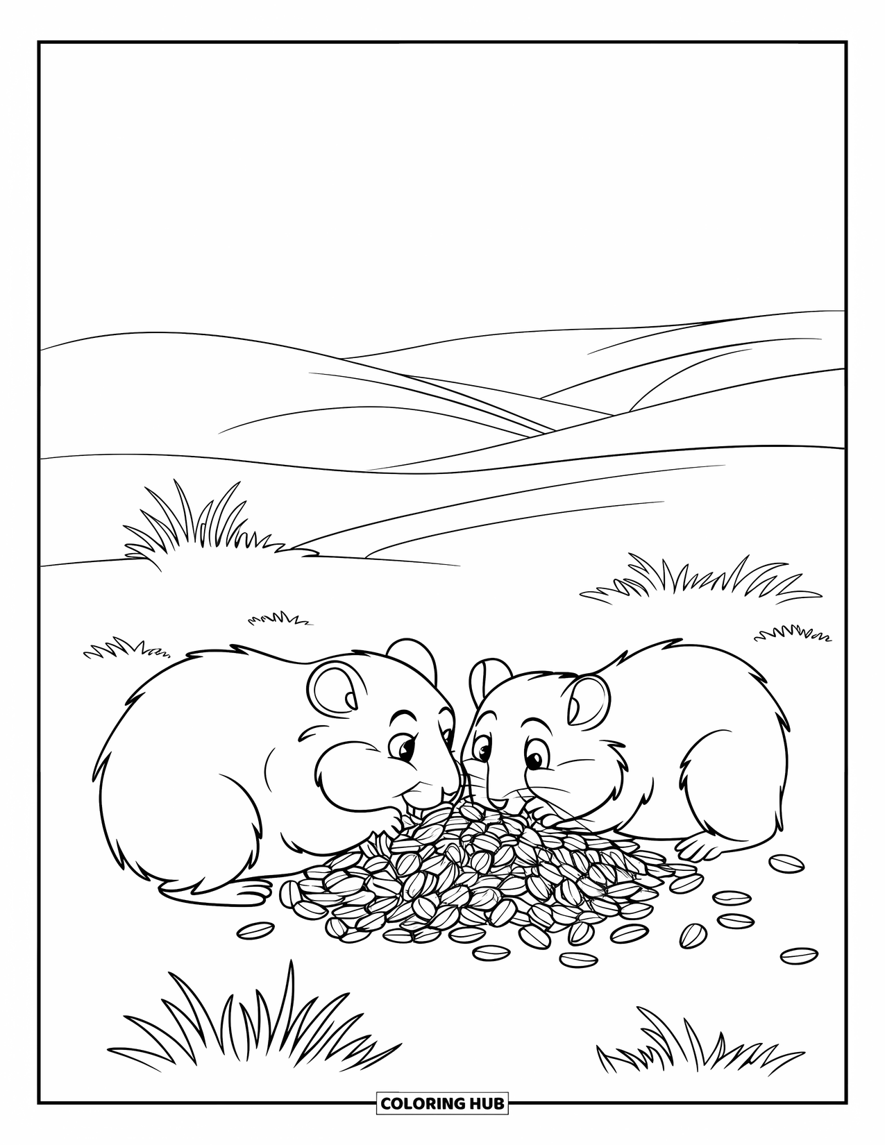 Hamster Coloring Page for Kids: Two hamsters share a pile of sunflower seeds, surrounded by grass patches
