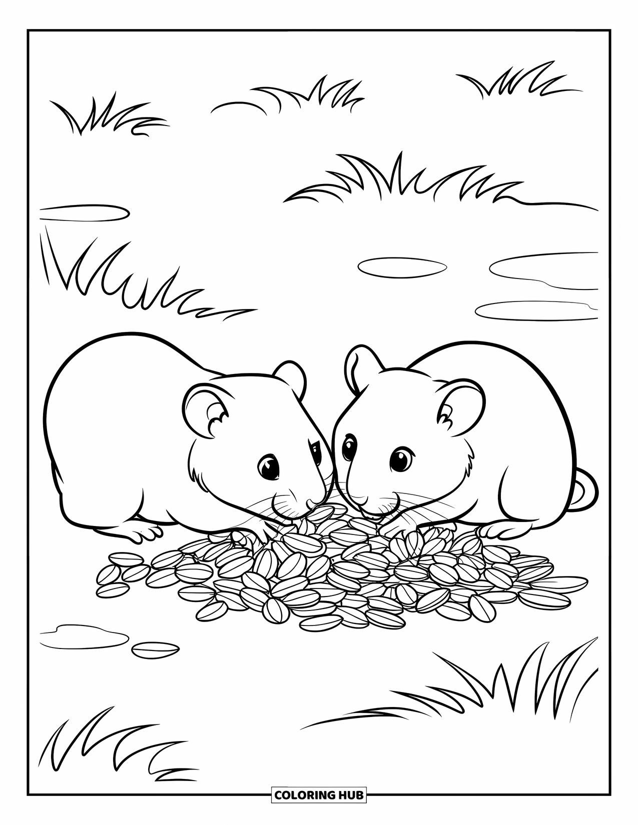 Hamster Coloring Page for Kids: Two hamsters share a pile of sunflower seeds, with patchy grass around them