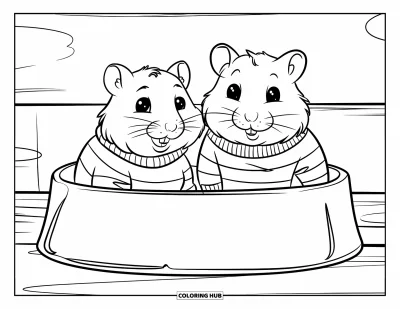 Desenho de Hamster para Colorir para Crianças: Dois hamsters estão sentados lado a lado em uma tigela de comida, usando suéteres listrados, com grandes seções para colorir