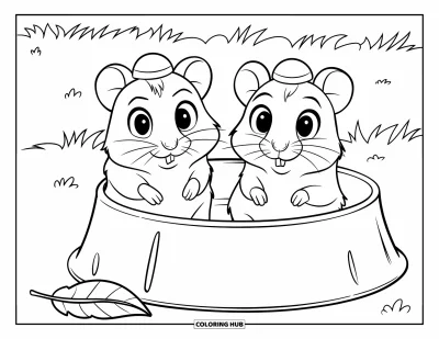 Desenho de Hamster para Colorir para Crianças: Dois hamsters estão sentados lado a lado em uma tigela de comida, usando chapéus minúsculos, com uma tigela vazia