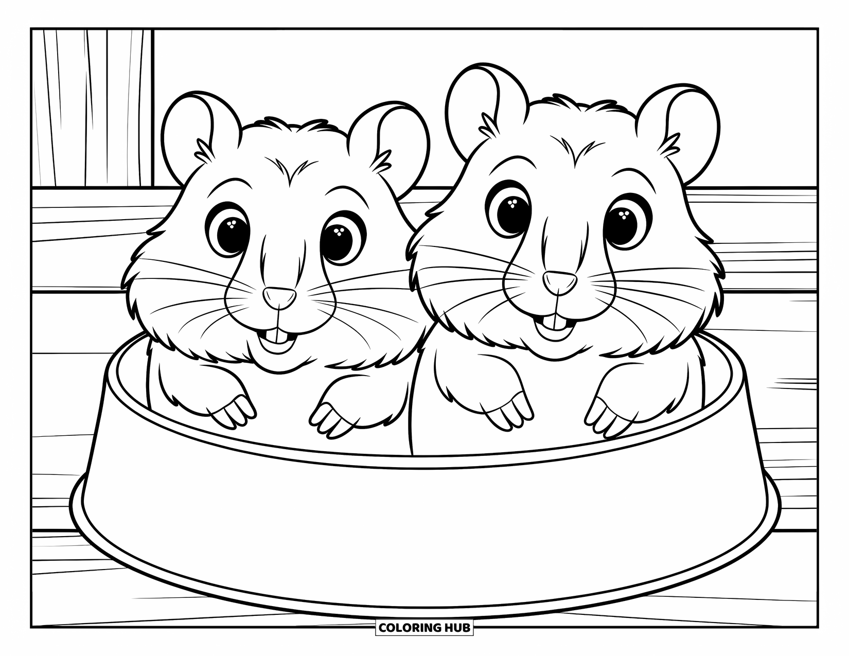 Hamster Coloring Page for Kids: Two hamsters sit side by side in a plain food bowl with large expressive eyes