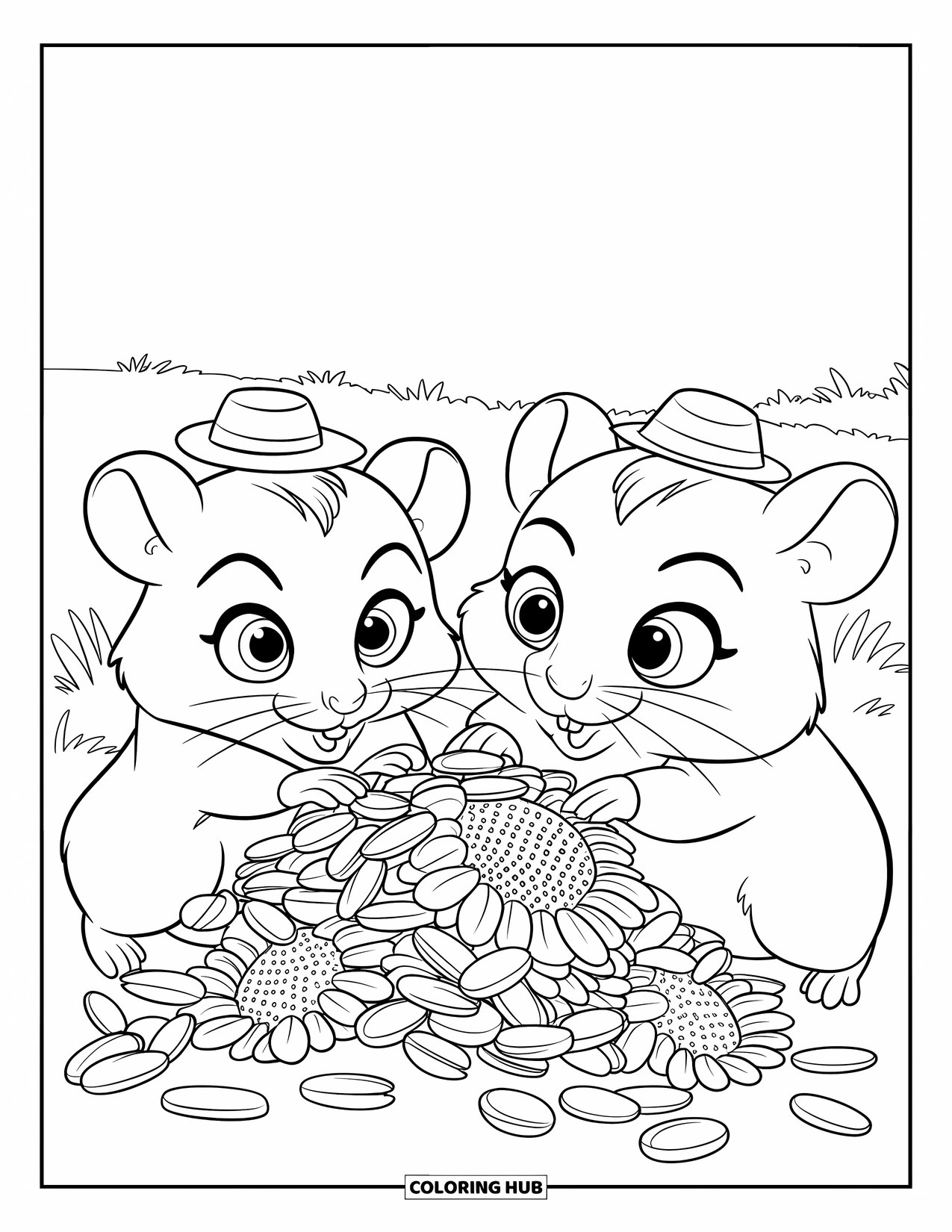 Hamster Coloring Page for Kids: Two hamsters with large eyes and tiny hats share a pile of sunflower seeds