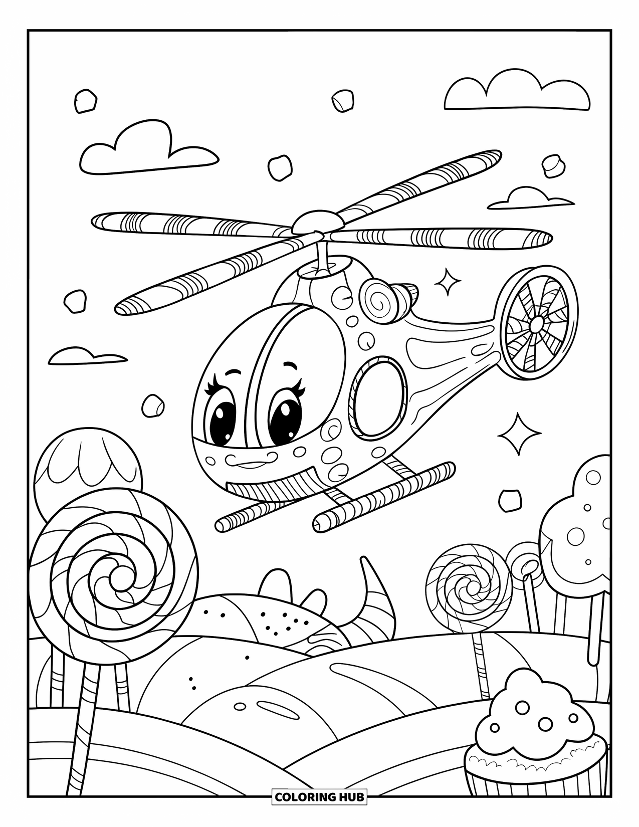 Helicopter Coloring Page for Adults: A chubby helicopter with candy details zooms over a landscape of floating sweets and lollipop trees