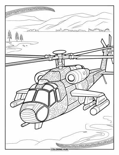 Fargeleggingsark med helikopter for voksne: Et kamphelikopter med intrikate mønstre som flyr over et rolig landskap med fjell og trær