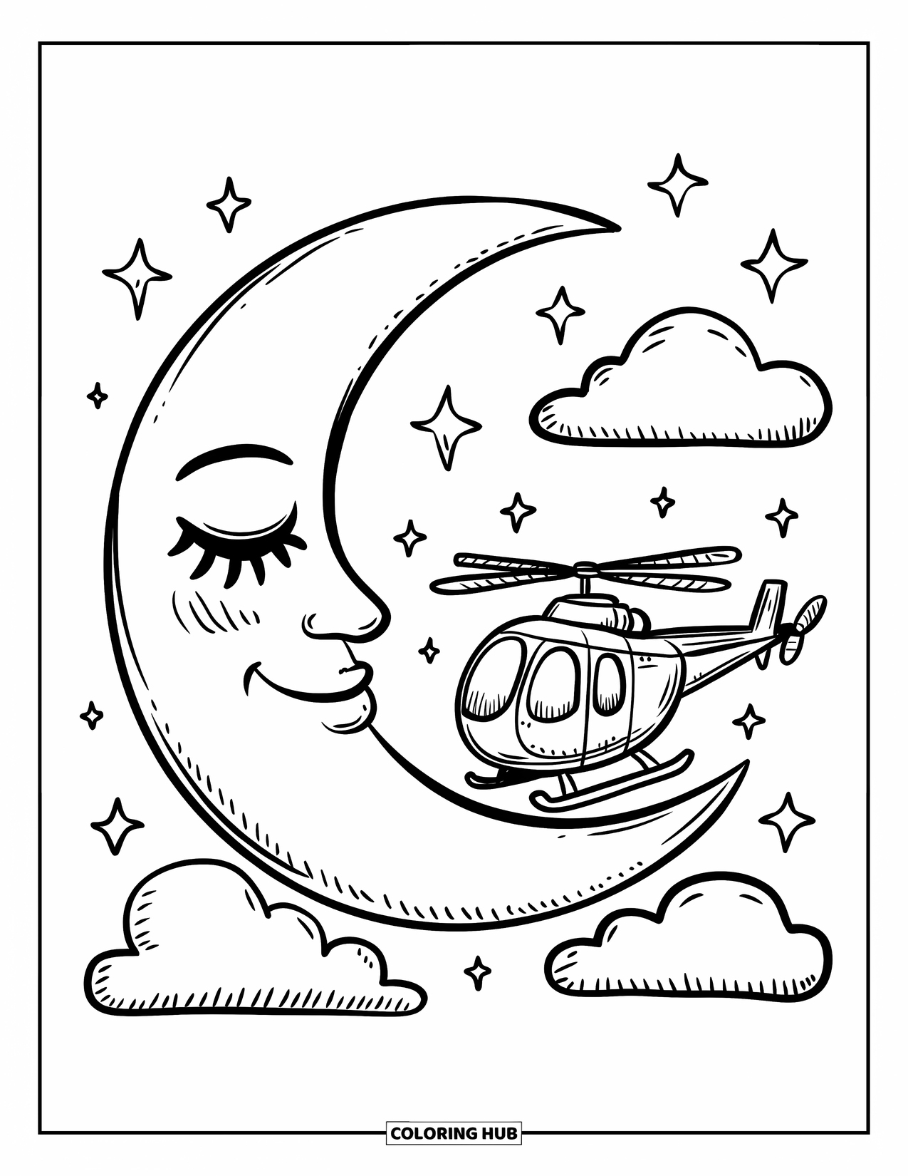 Helicopter Coloring Page for Adults: A cute helicopter drifts through a starry sky, resting beside a peaceful crescent moon