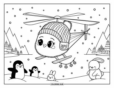 Fargeleggingsark med helikopter for voksne: Et fluffy helikopter iført en strikkelue flyr gjennom lett snøfall mens pingviner og snøkaniner ser på