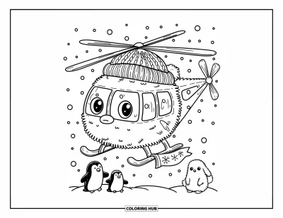 Fargeleggingsark med helikopter for voksne: Et fluffy helikopter med vinterlue flyr gjennom snøfall mens pingviner og kaniner ser opp