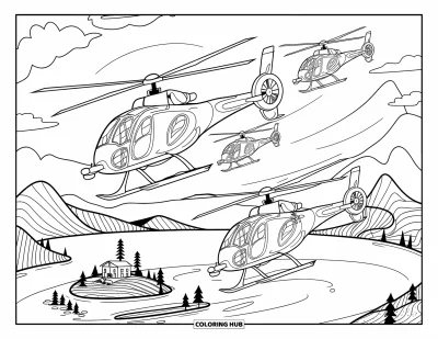 Fargeleggingsark med helikopter for voksne: En gruppe helikoptere utfører et koordinert luftshow over en innsjø med en øy og fjell