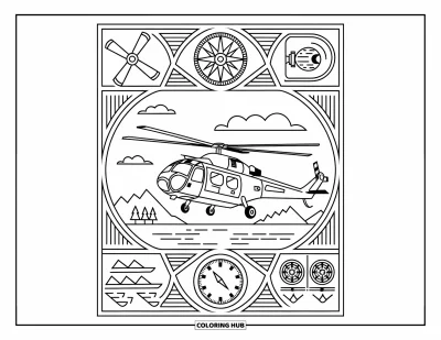 Fargeleggingsark med helikopter for voksne: Et helikopter som flyr over vann, innrammet av en kant med luftfartselementer som kompasser og motorer