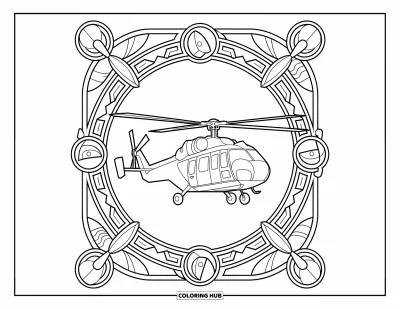 Fargeleggingsark med helikopter for voksne: Et helikopter som svever innenfor en detaljert luftfartstematisk ramme med fly, raketter og symboler