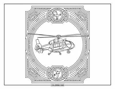 Fargeleggingsark med helikopter for voksne: Et helikopter innrammet av en dekorativ kant med luftfartssymboler som propeller og vinger