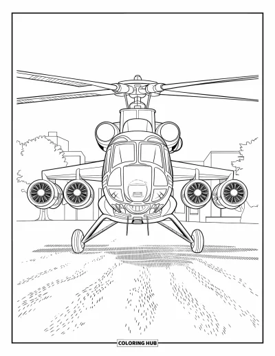 Fargeleggingsark med helikopter for voksne: Et helikopter med et svært detaljert rotorsystem svever over et teksturert landskap med bygninger