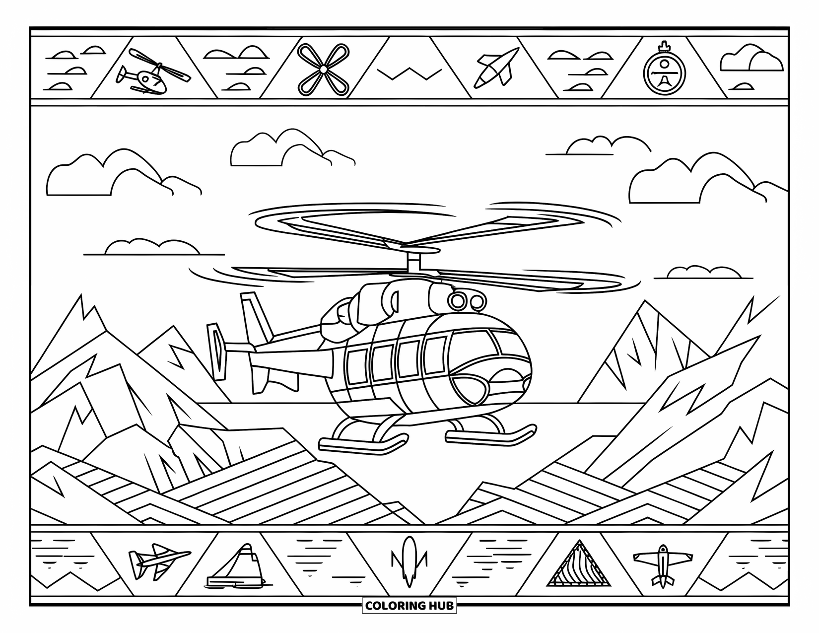 Helicopter Coloring Page for Adults: A helicopter with spinning rotors is surrounded by a decorative border of planes, mountains, and waves