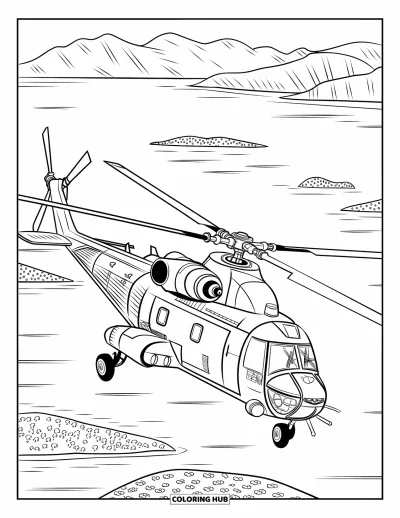 Fargeleggingsark med helikopter for voksne: Et historisk militærhelikopter svever over vann, med små øyer og fjell i det fjerne