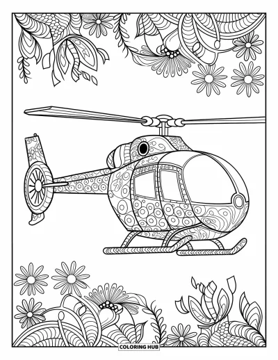 Fargeleggingsark med helikopter for voksne: Et mandala-helikopter med blomster- og geometriske mønstre omgitt av dekorative elementer
