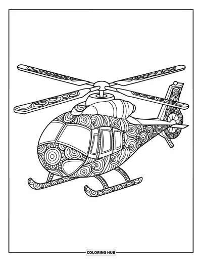 Fargeleggingsark med helikopter for voksne: Et mandala-helikopter med svingende mønstre som pryder kroppen, rotorbladene og haledelen