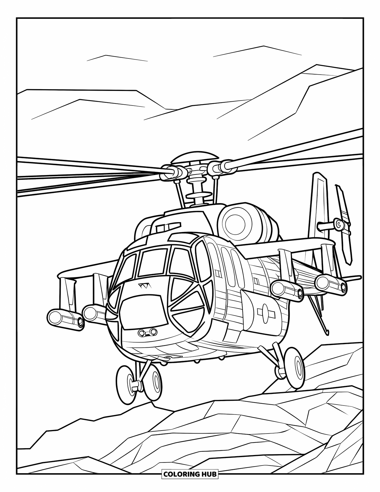 Helicopter Coloring Page for Adults: A modern combat helicopter with a realistic rotor design hovers over rocky terrain