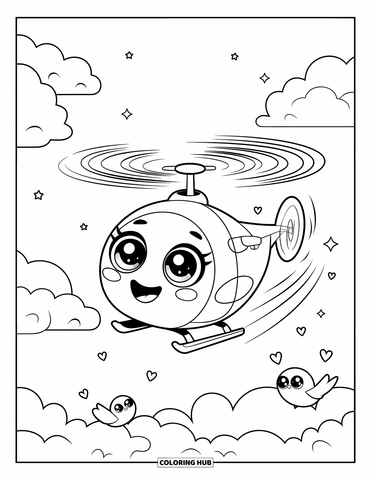 Helicopter Coloring Page for Adults: A round and chubby helicopter with twinkling eyes flies past fluffy clouds and playful birds